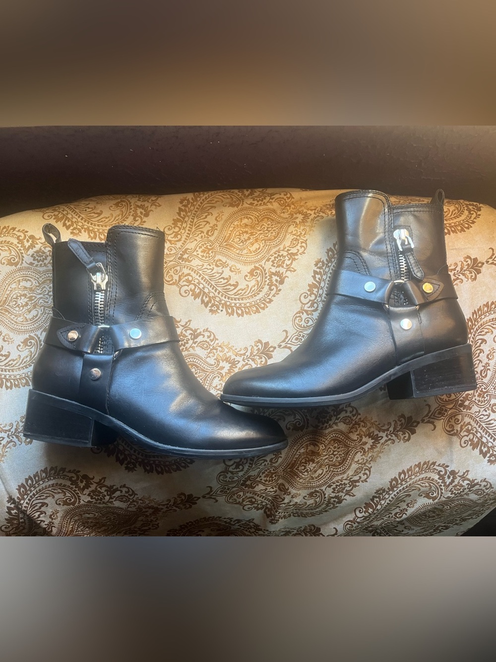 Marc Fisher Black Leather Moto Harness Ankle Boots